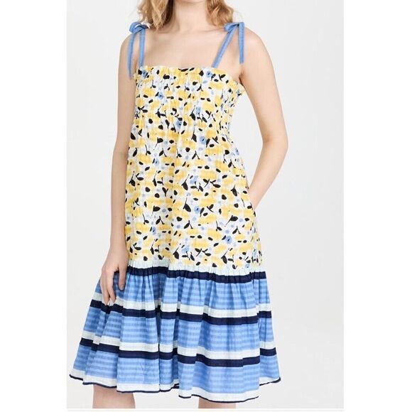 Tanya Taylor Leandra Smocked Swim Dress Floral Yellow Blue XL Plus Sz 2X $295 - Picture 1 of 11
